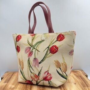 Signare Tapestry Tote Bag Red Tulip Floral Woven Handbag Burgundy Handles